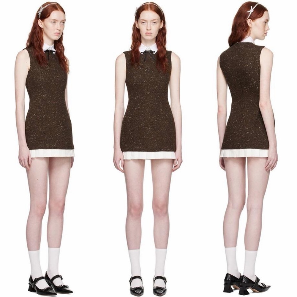 Shushu/ Tong- Brown Bow Mini Dress Wool Blend Tweed Size Large US 10